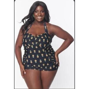 Unique Vintage Black Black Pineapples Halter One Piece Swim Dress Suit M NWT